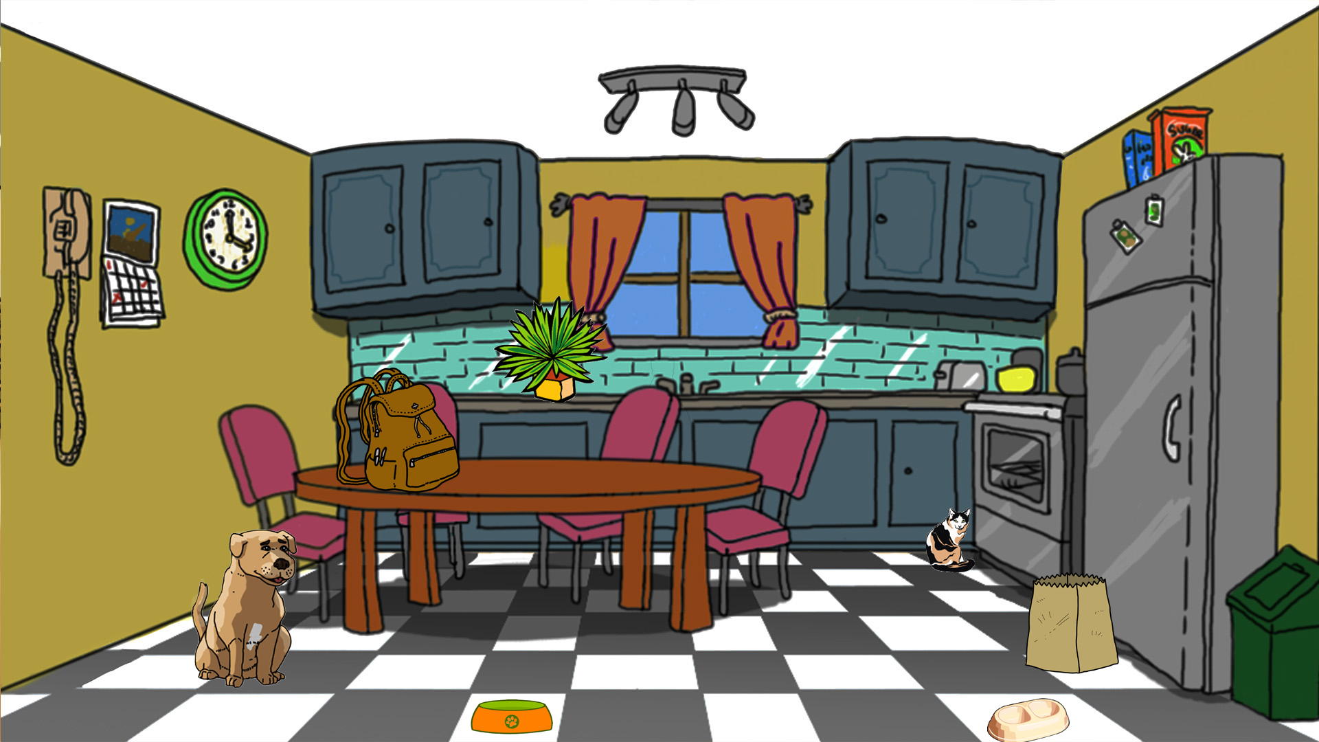 Kitchen with backpack, pet food bowls and other items strewn around