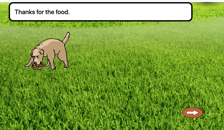 Dog eating from a bowl with text "thanks for the food"