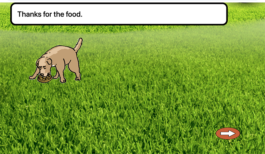 Dog eating from a bowl with text "thanks for the food"