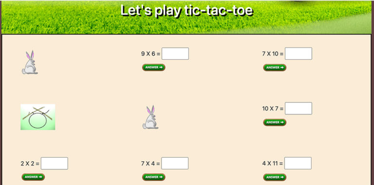 tic tac toe game with multiplication problems, with a rabbit replacing one of the problems