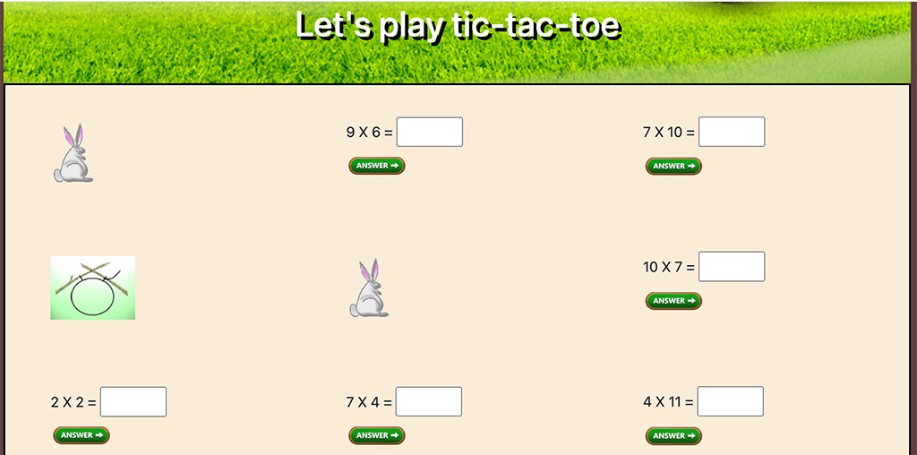 tic tac toe game with multiplication problems, with a rabbit replacing one of the problems