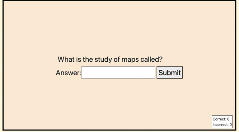 Quiz question: What is the study of maps called? Empty input field next to answer button.