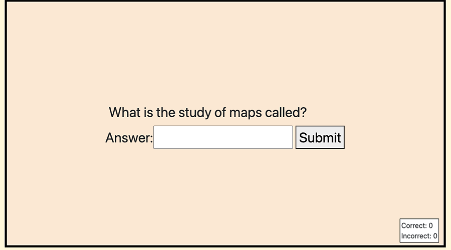 Quiz question: What is the study of maps called? Empty input field next to answer button.